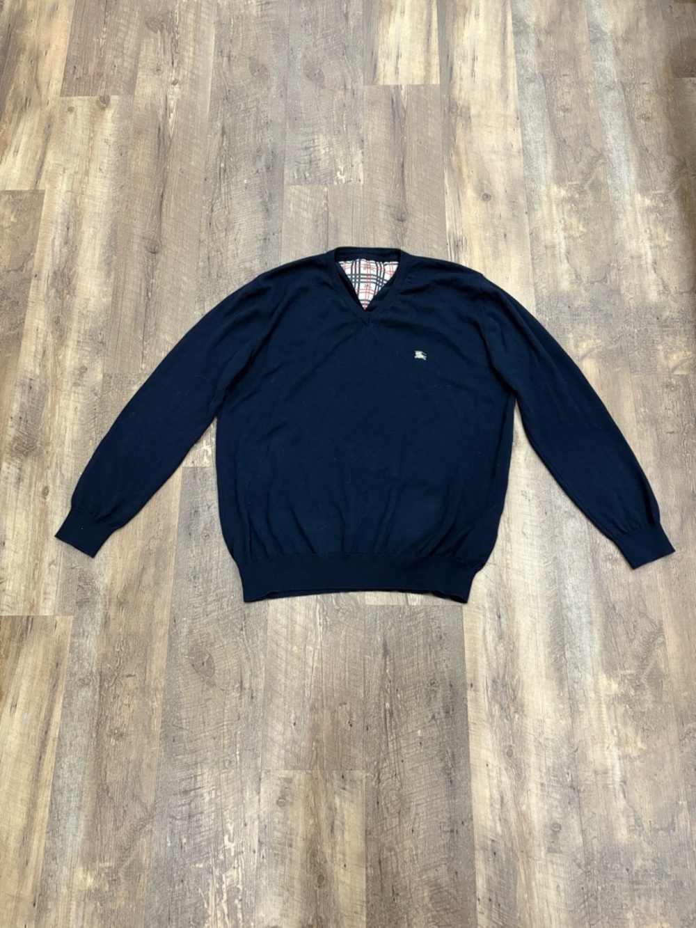 Burberry Navy V-Neck Sweater with Signature Check Trim